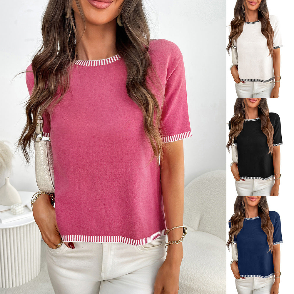 Damen-Kurzarmshirt mit feinen Kontraststreifen, Größe