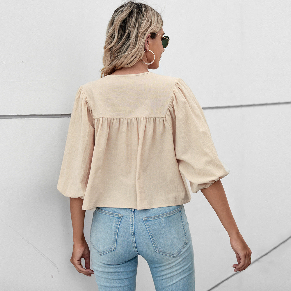 Damen Blusenshirt mit eleganten Puffärmeln und schickem Kordelzug, Größe