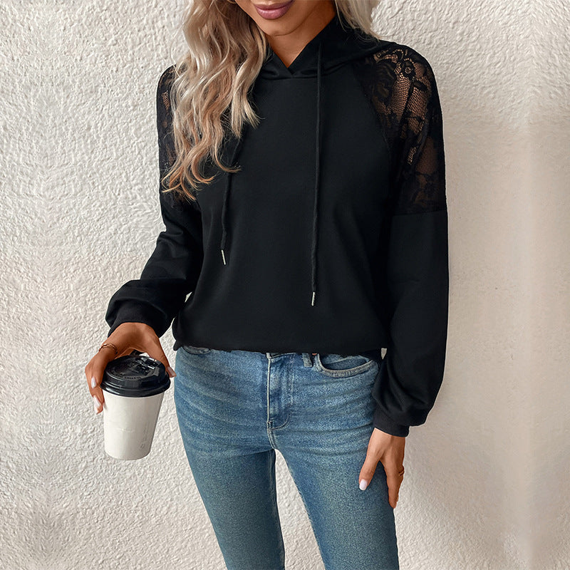 Kapuzen-Sweatshirt für Damen mit Ärmeln aus Spitze, Größe