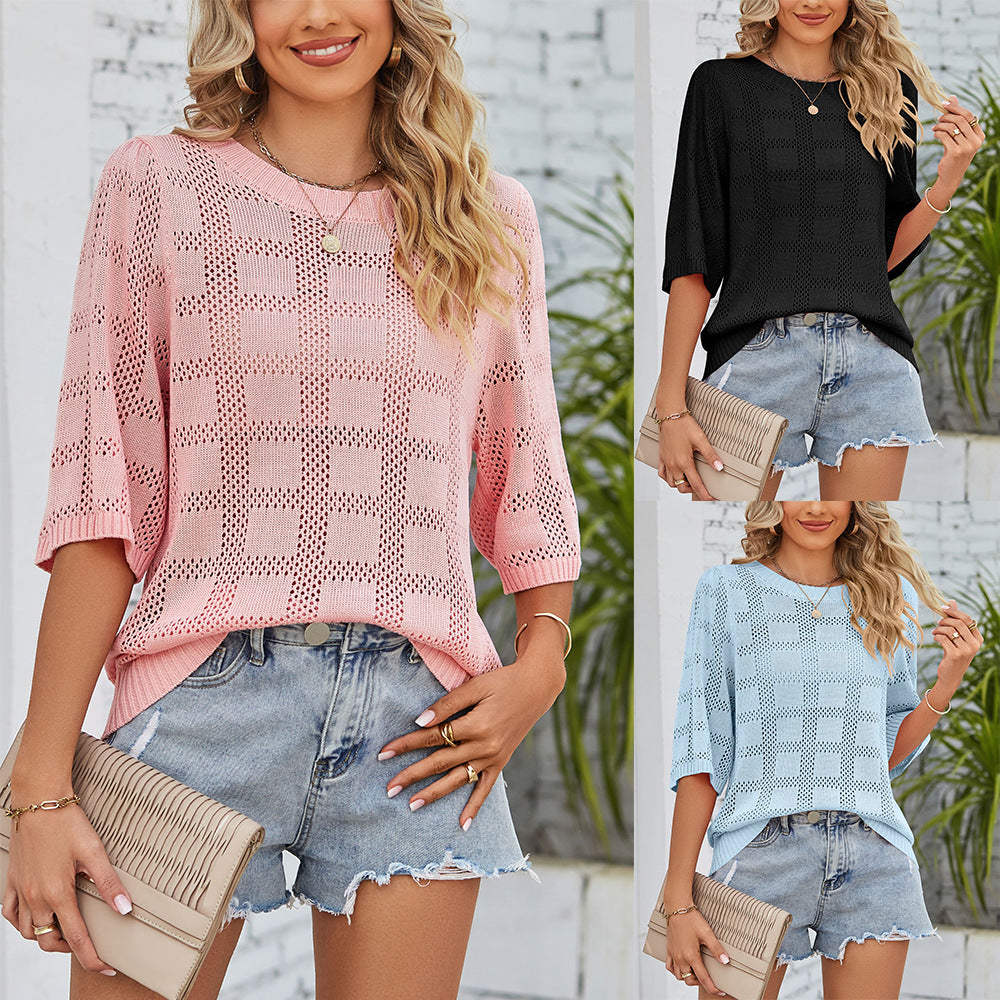 Women's airy knit top with a loose fit and modern openwork pattern, size