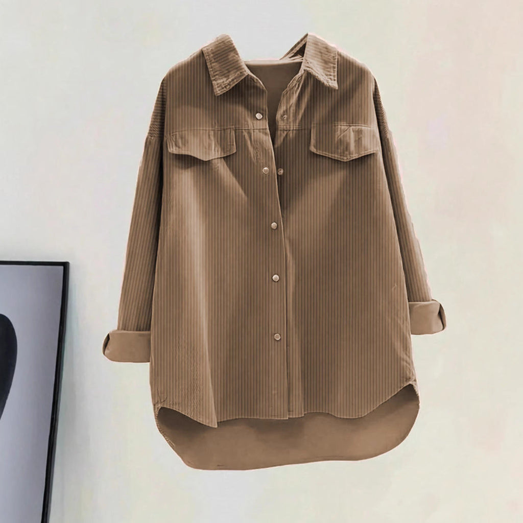 Women's oversized ribbed shirt with chest pockets and a stylish collar, size S