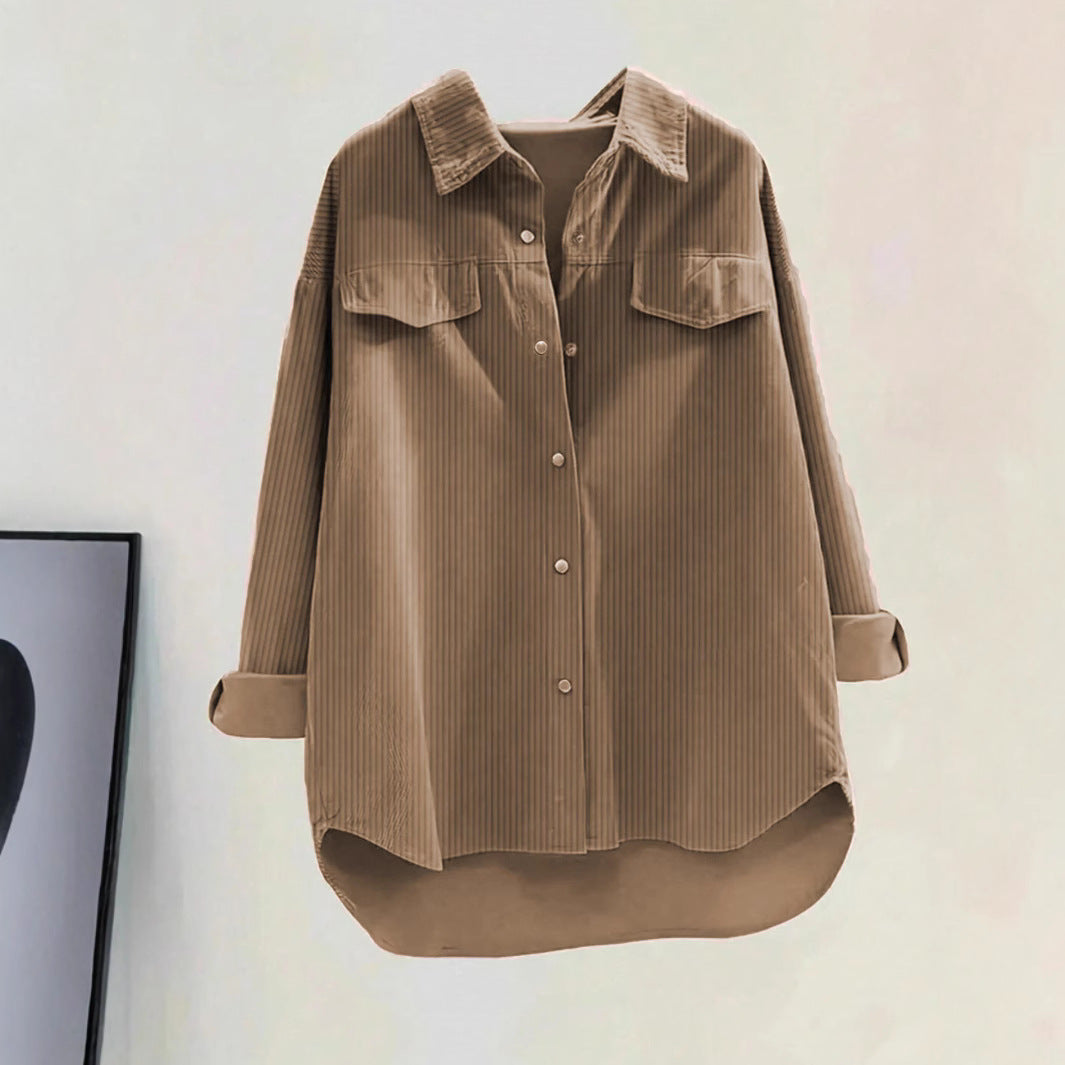 Women's oversized ribbed shirt with chest pockets and a stylish collar, size S