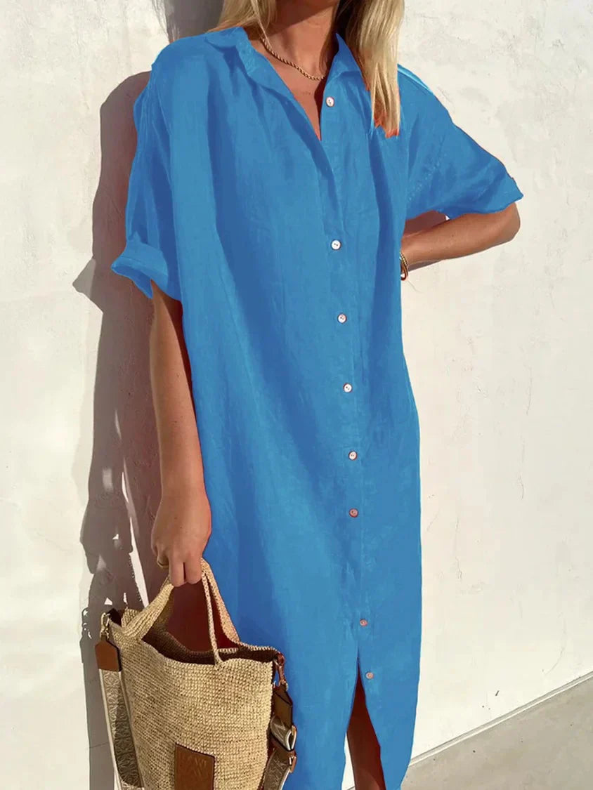 Valenzora | Hemdblusenkleid mit weitem Ausschnitt und schmalen Ärmeln, elegant und lässig, für Damen, Baumwoll- und Leinenkleider
