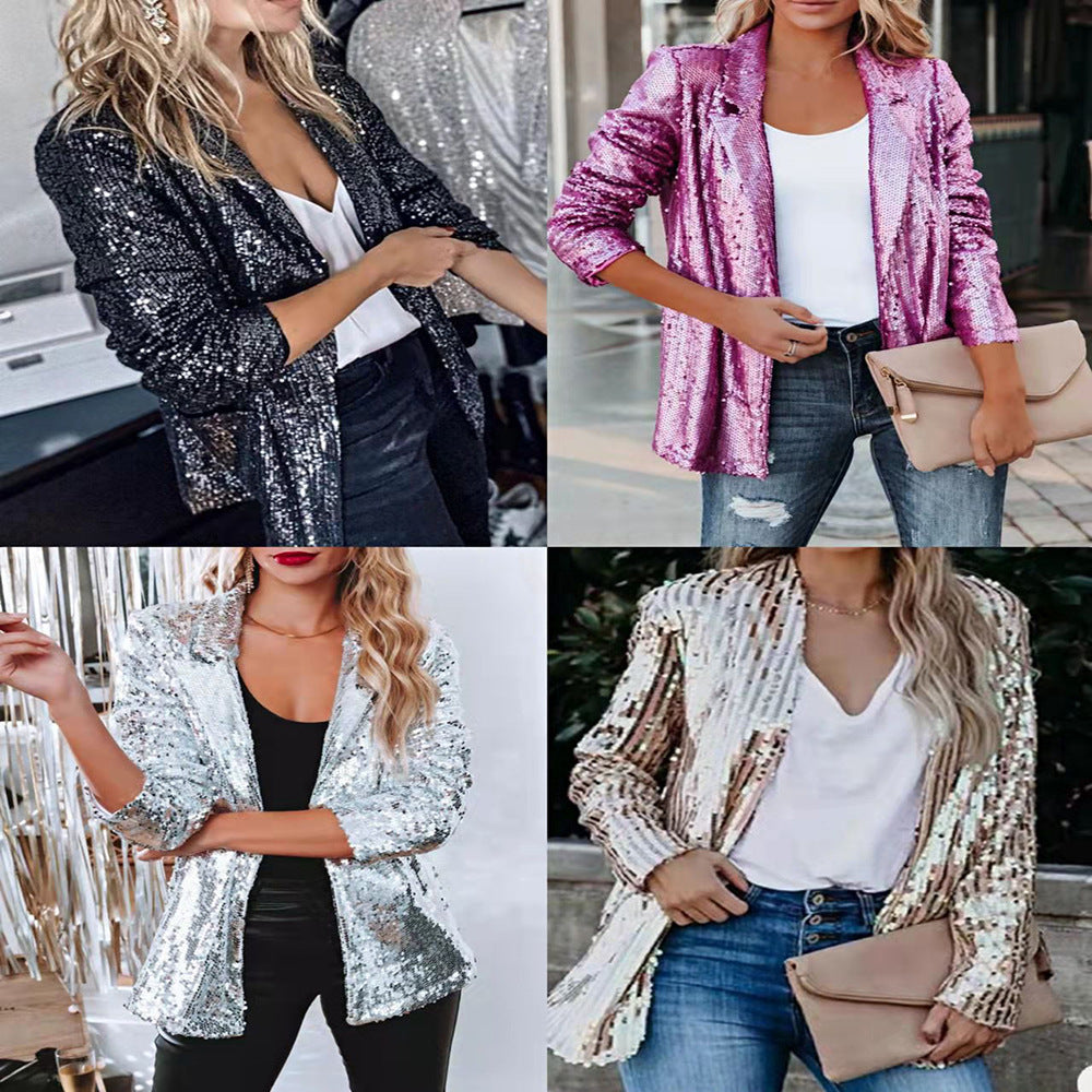 Women's Glittering Sequin Blazer with a Modern Cut, Size