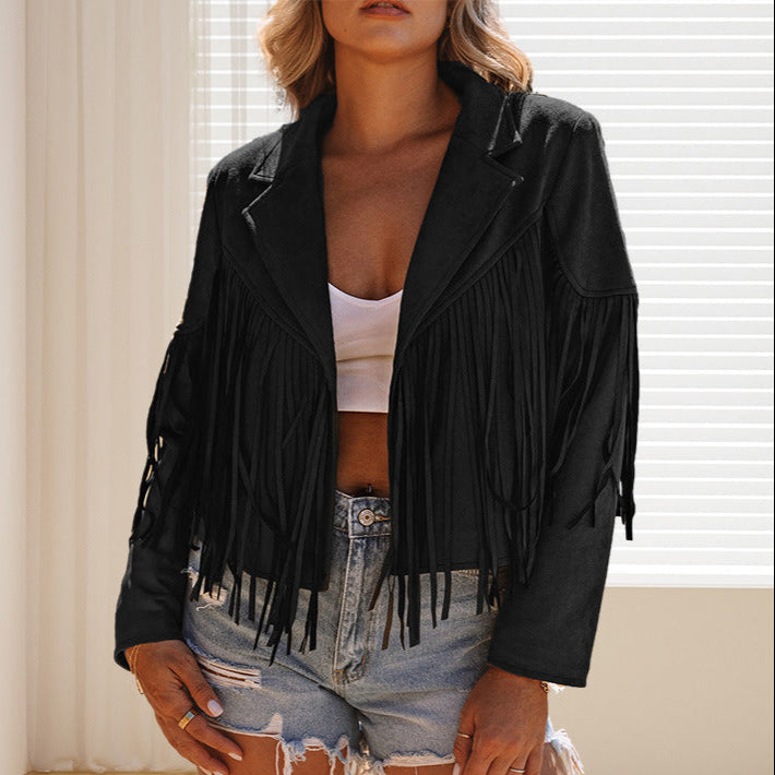 Women's fringed jacket made of high-quality suede blend, size Valenzora