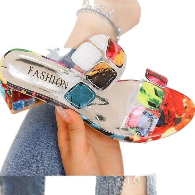 Women's transparent sandals with colorful, geometric accents, size S