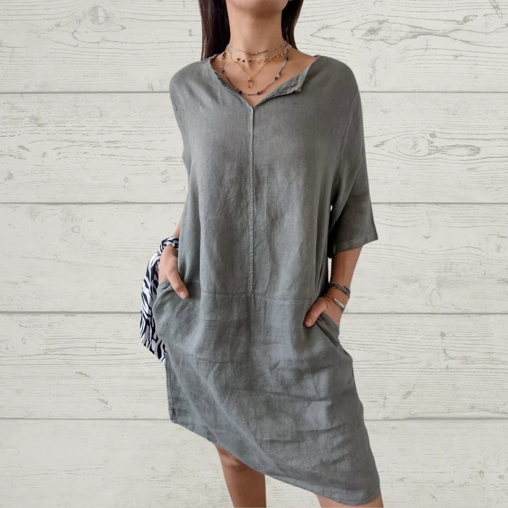 Damen-Leinenkleid mit Knopfleiste vorne und Seitentaschen, Größe