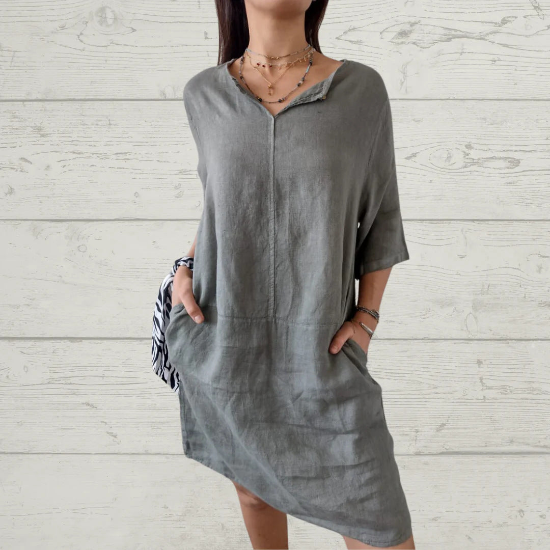 Damen-Leinenkleid mit Knopfleiste vorne und Seitentaschen, Größe
