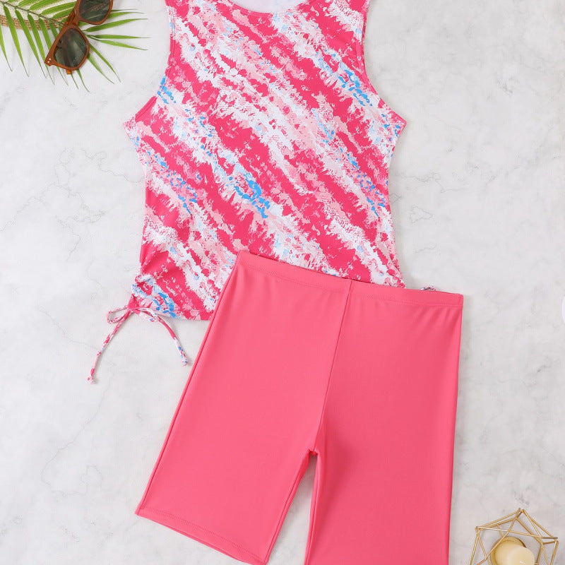 Women's sporty tankini set with fashionable watercolor pattern and comfortable shorts, size [size]