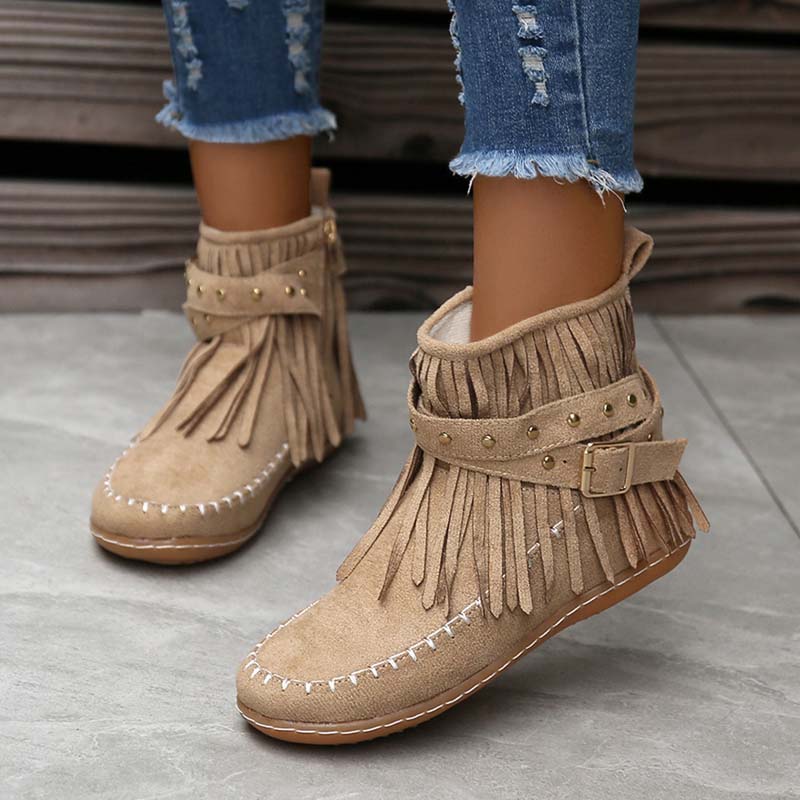Valenzora | Boho-Stiefeletten mit Fransen und Schnallen für Damen
