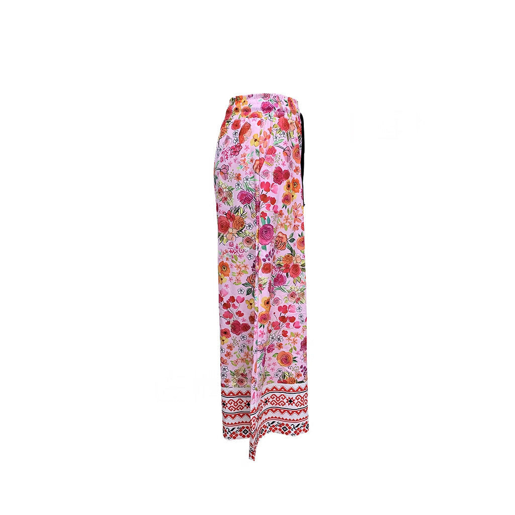 Damenhose mit weitem Bein, Blumenmuster, elastischem Bund und praktischen Taschen, Größe