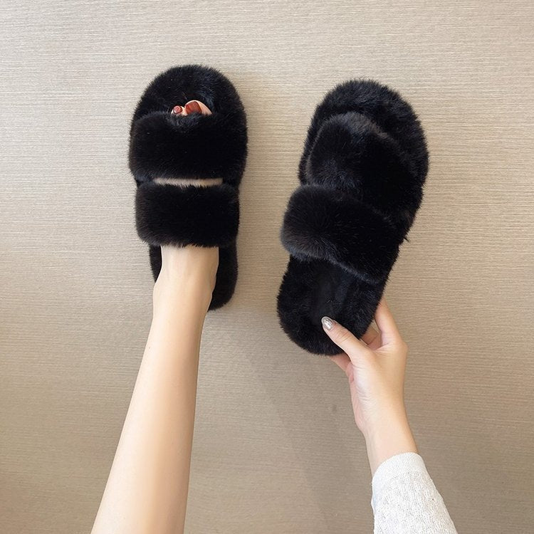 Damen Flauschige Hausschuhe mit doppelten Riemen und weichem Futter, Größe