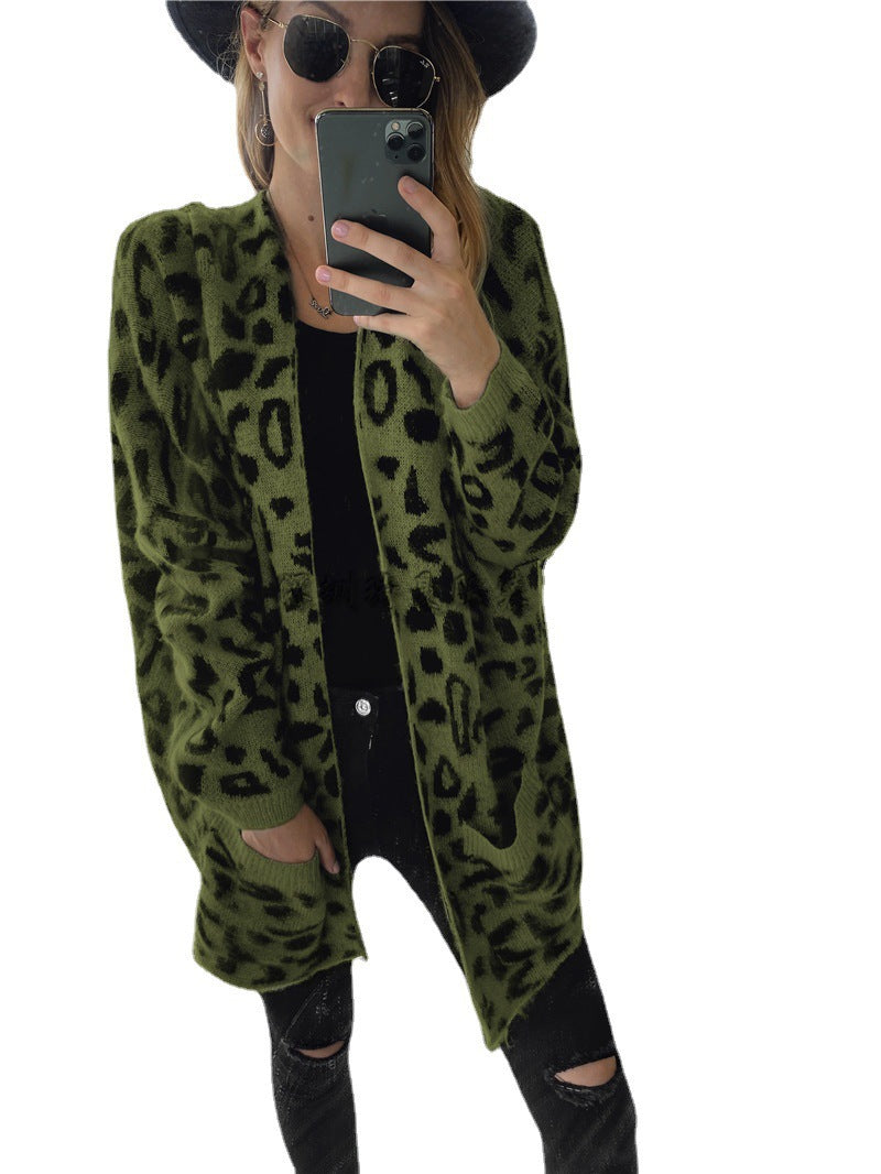 Damen Strickmantel mit Leopardenmuster, lässigem Schnitt und Taschen, Größe S