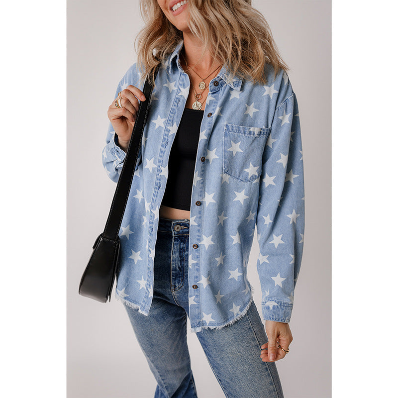 Women's denim shirt with star pattern and practical chest pocket, size