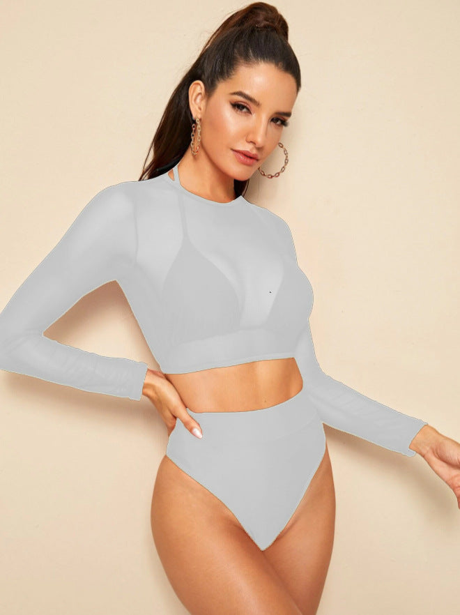 Women's sports bikini set with long-sleeved top and high waist, size