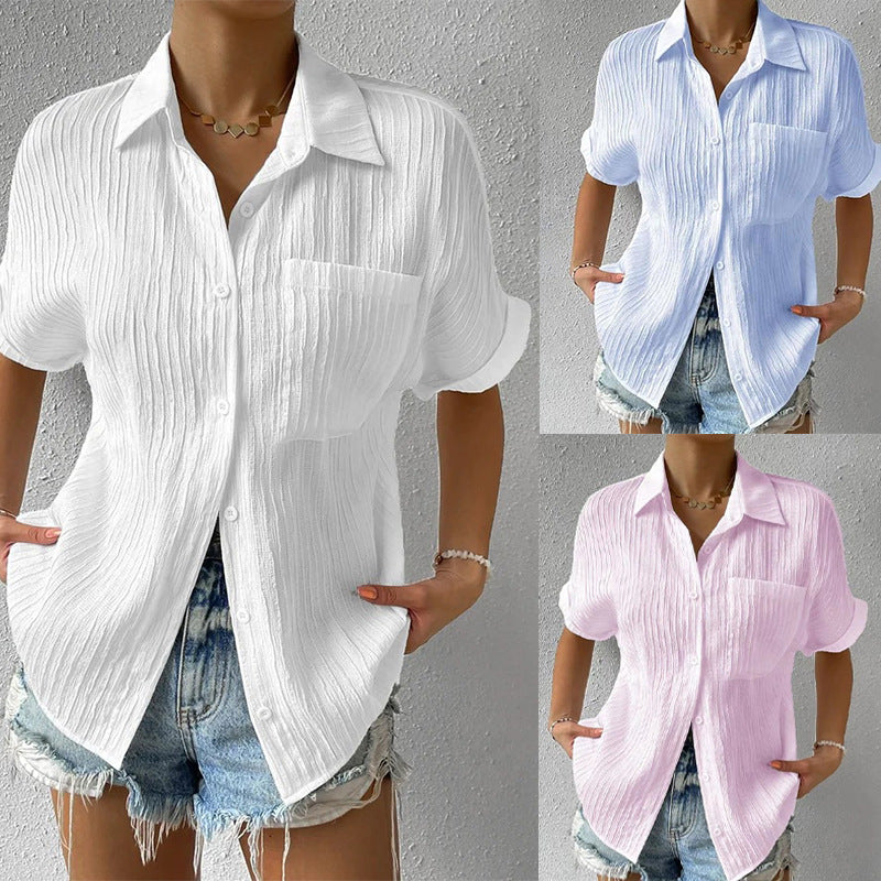 Women's short-sleeved shirt blouse with textured outer material, size S