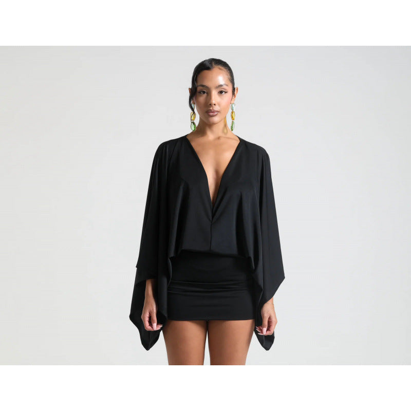 Women's chic mini dress with voluminous sleeves and elegant stand-up collar, size [size missing]
