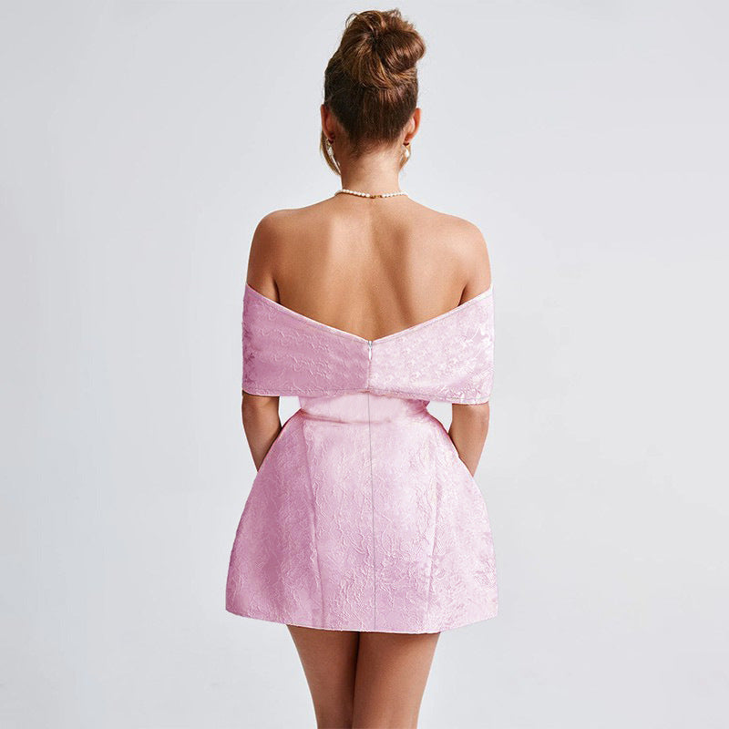 Women's off-the-shoulder cocktail dress with elegant floral pattern and elaborate ruffle trim, size S