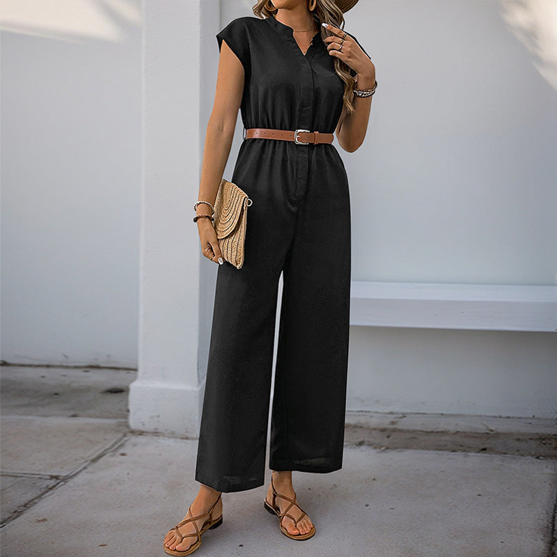 Damen-Jumpsuit mit elegantem Taillengürtel und modernem V-Ausschnitt, Größe