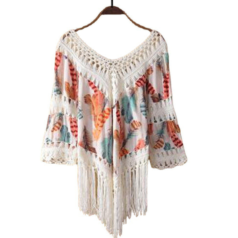 Damen-Strandponcho für die Freizeit mit Fransen und modischem Muster, Größe [size]