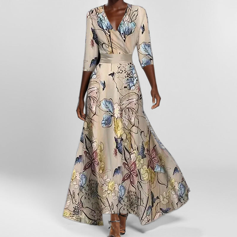 Valenzora | Elegantes V-Ausschnitt-Kleid mit Druck und Schößchen