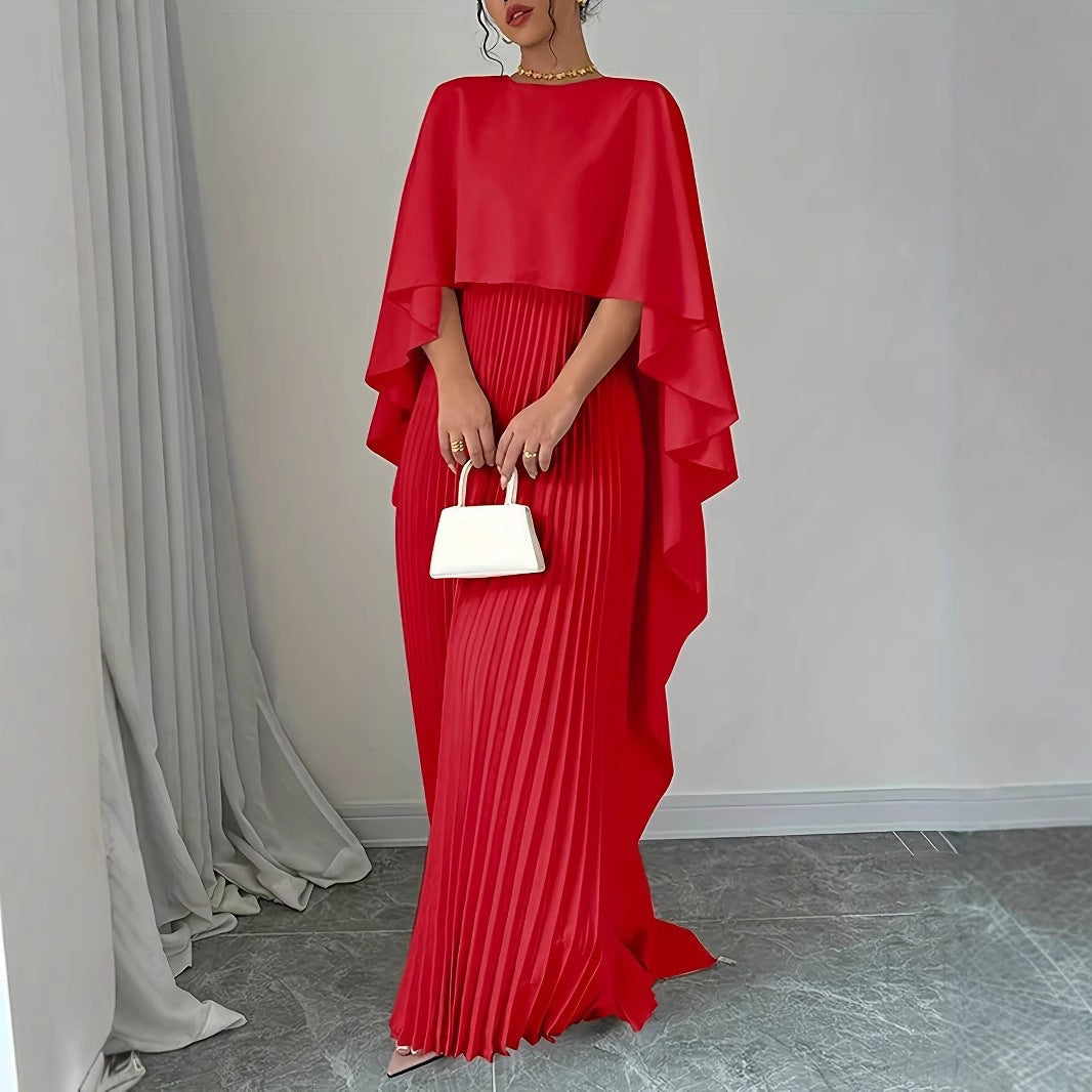 Valenzora | Elegant long dress with batwing sleeves, pleated asymmetrical design, and flowing fit