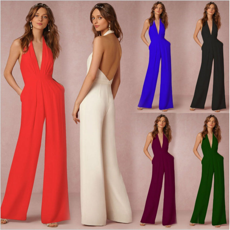 Eleganter Damen-Jumpsuit mit tiefem V-Ausschnitt und weitem Bein, Größe