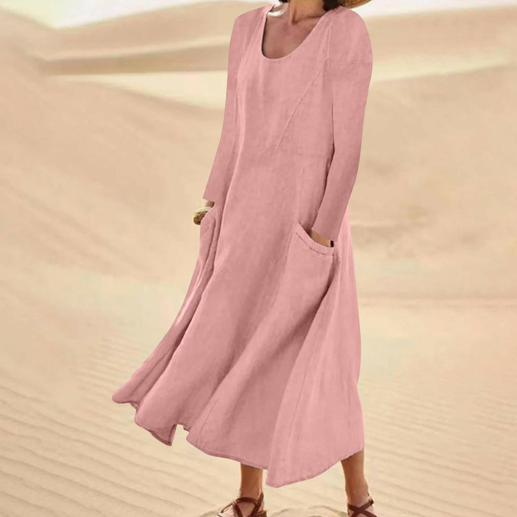 Valenzora | Solid color dress with long sleeves and round neckline