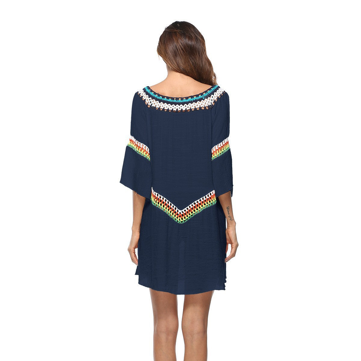 Women's beach tunic with colorful embroidery and wide sleeves, size S