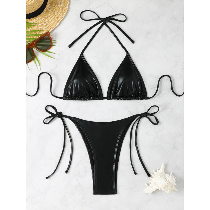 Women's triangle bikini with sparkling metallic finish and adjustable straps, size [size]