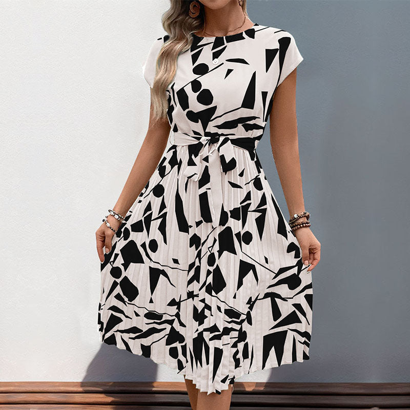 Women's midi dress with trendy geometric pattern mix and adjustable belt, size S