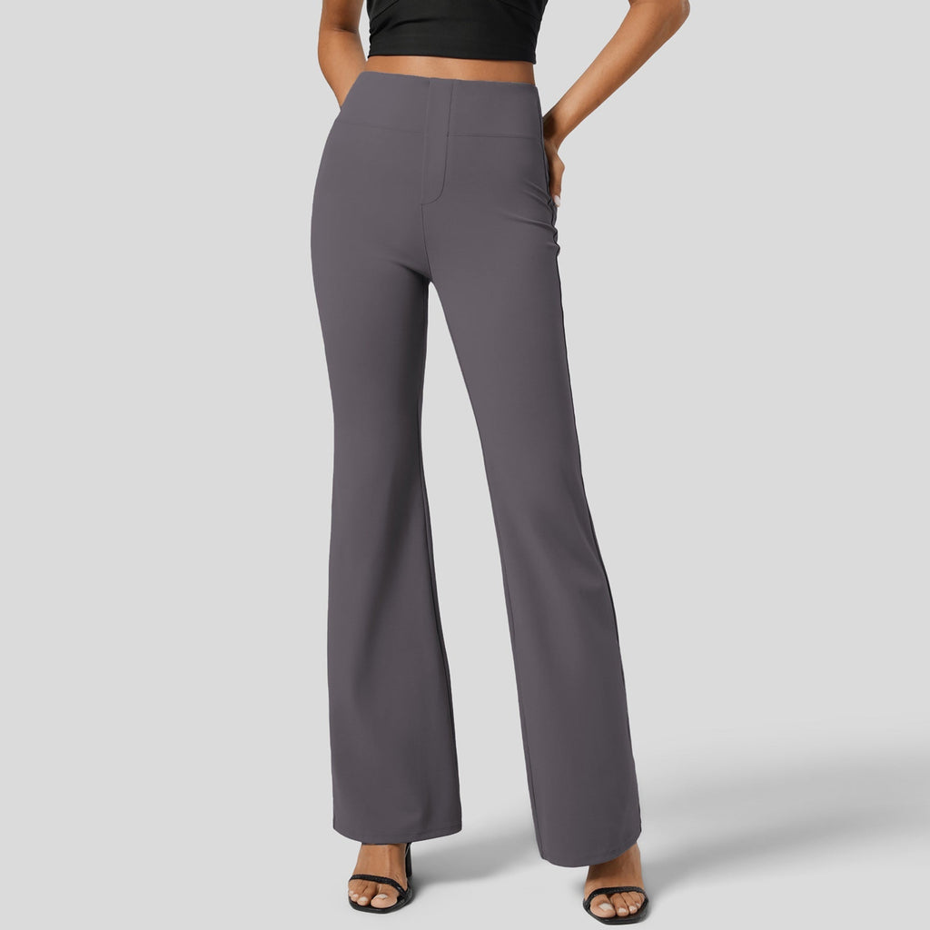 Women's high-waisted flared trousers with elasticated waistband and figure-flattering design, size S