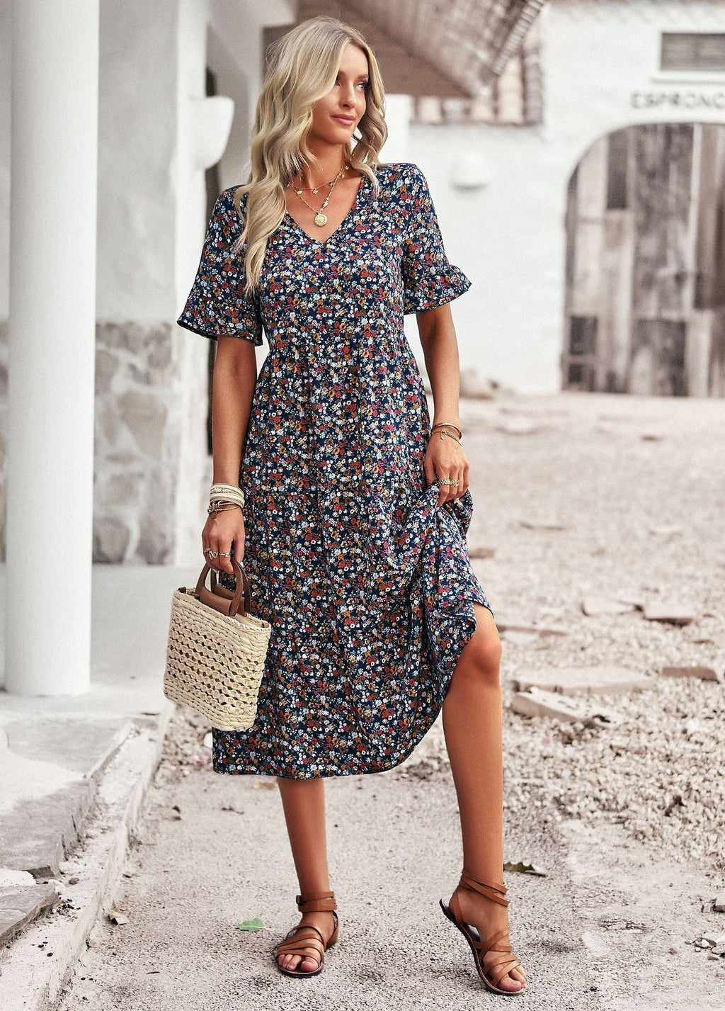 Women's midi dress with floral pattern and playful V-neck, size