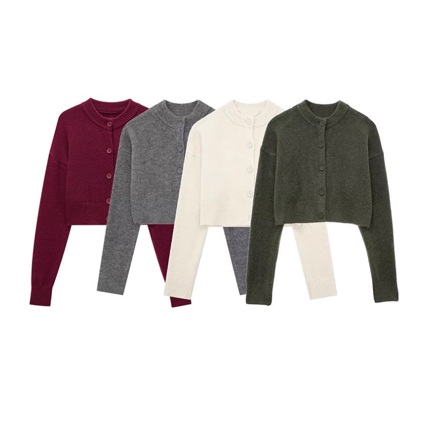 Women's short cardigan with button placket and elegant round neckline, size
