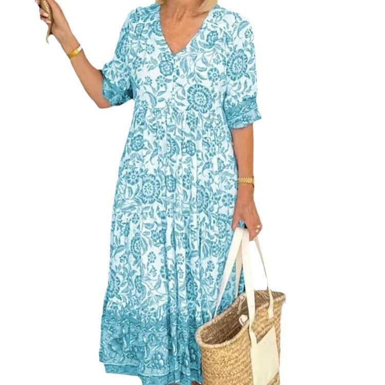 Valenzora | Three-quarter sleeve long floral tie-dye print dress