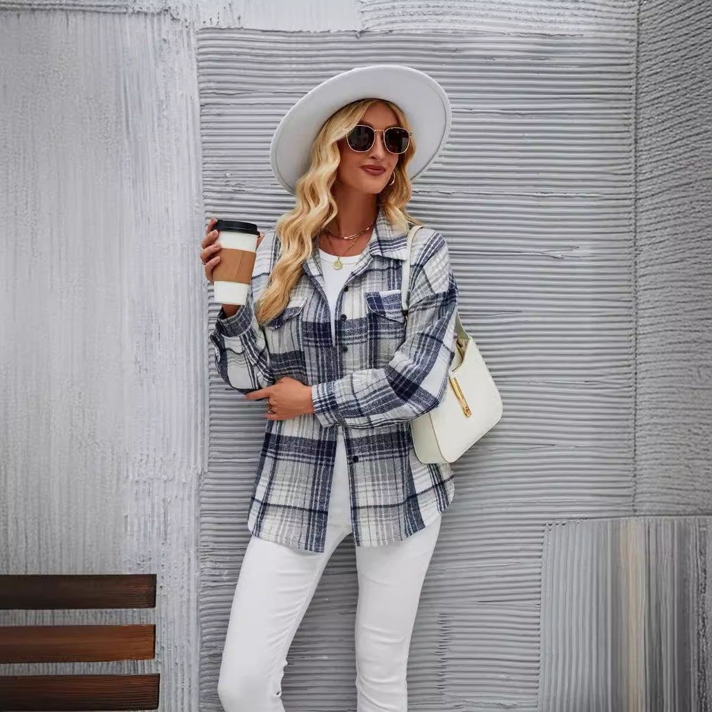 Women's casual flannel shirt jacket with a checked design and practical chest pockets, size S