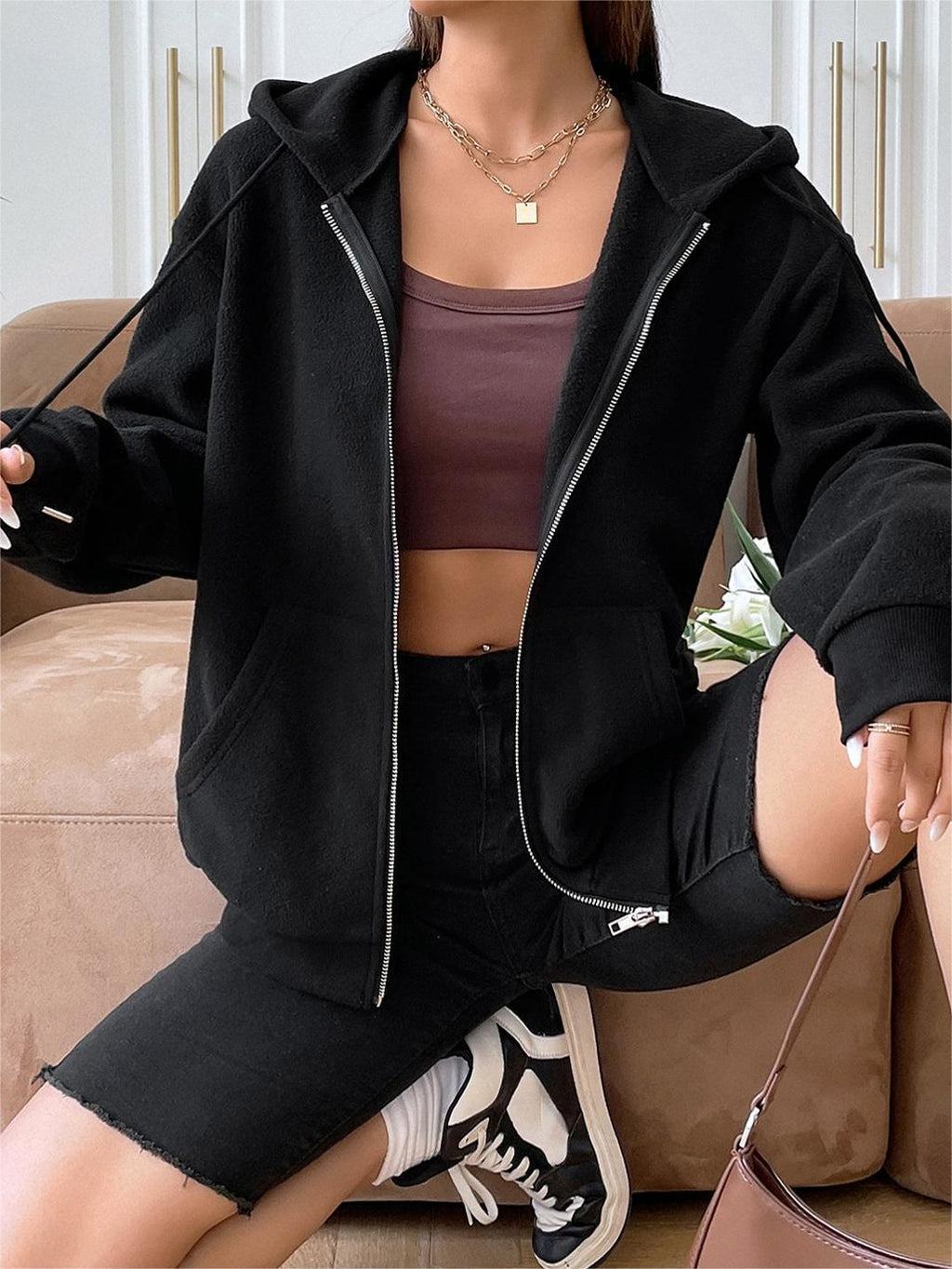 Women's fleece jacket with hood and zipper, size
