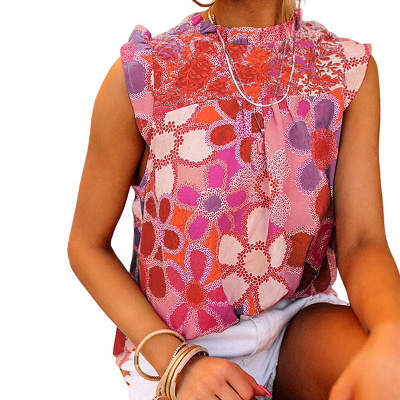 Women's airy blouse shirt with floral pattern and ruffle details, size