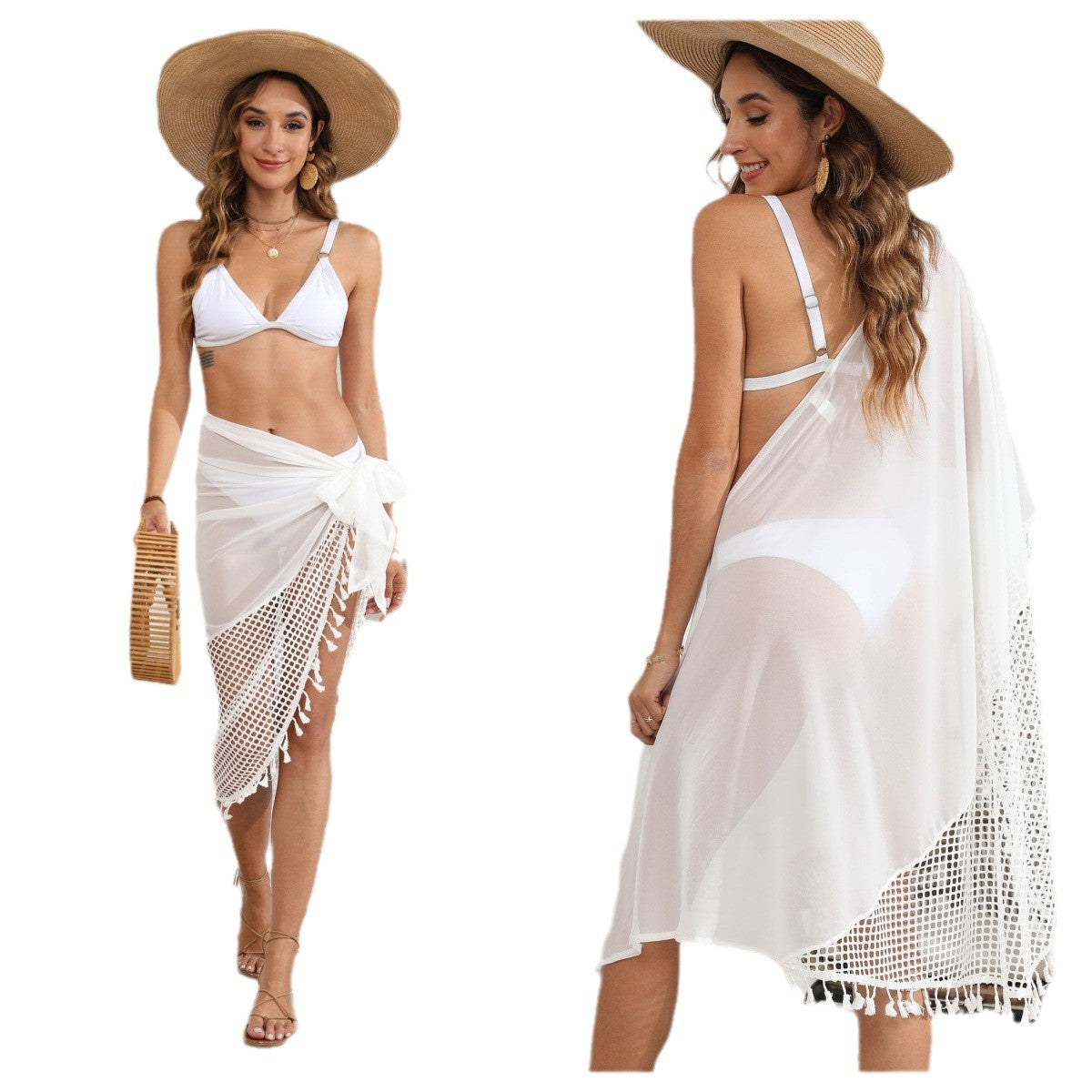 Women's beach towel with creative crochet details and tassels, size [size missing]