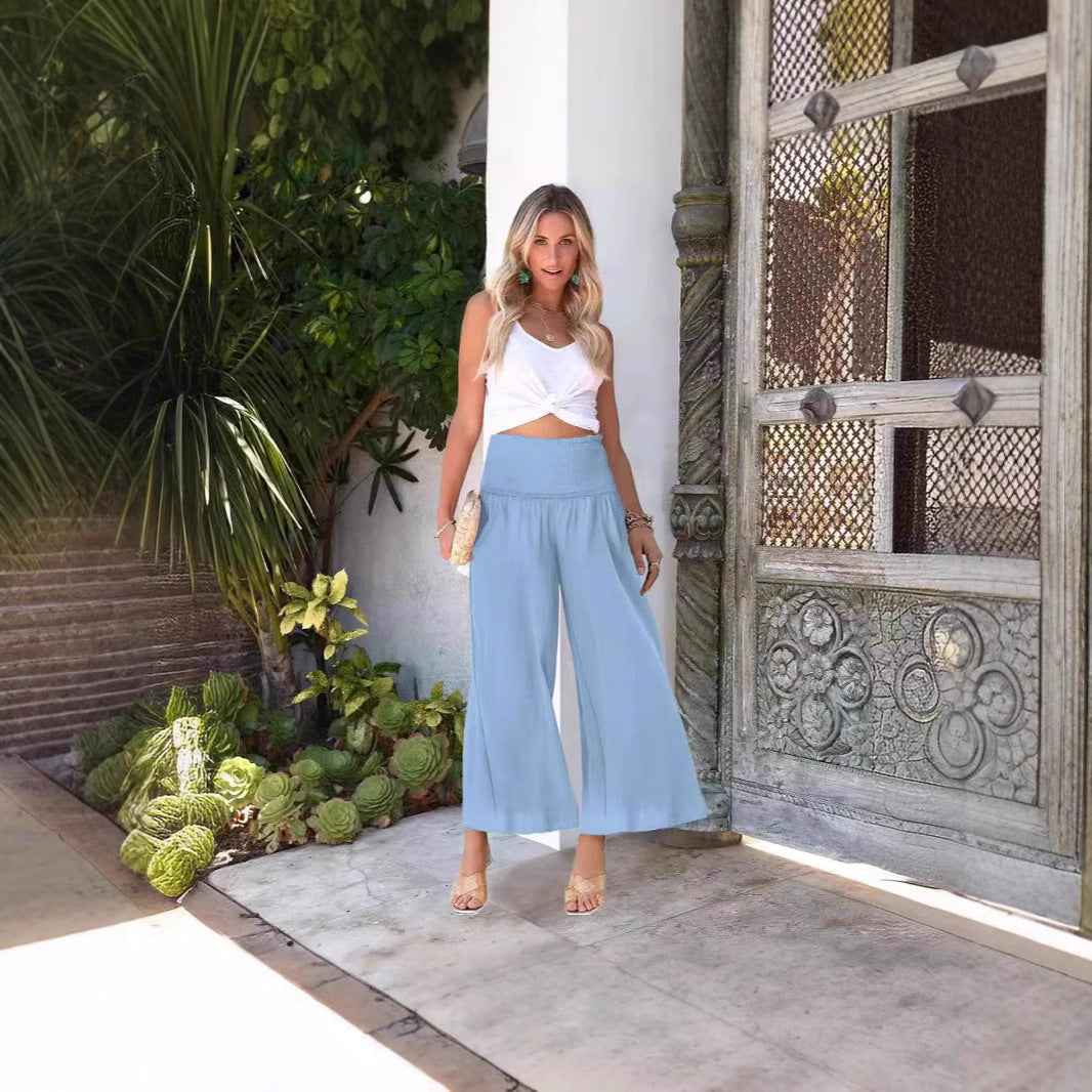 Women's wide-leg culotte trousers with elasticated waistband and side pockets, size