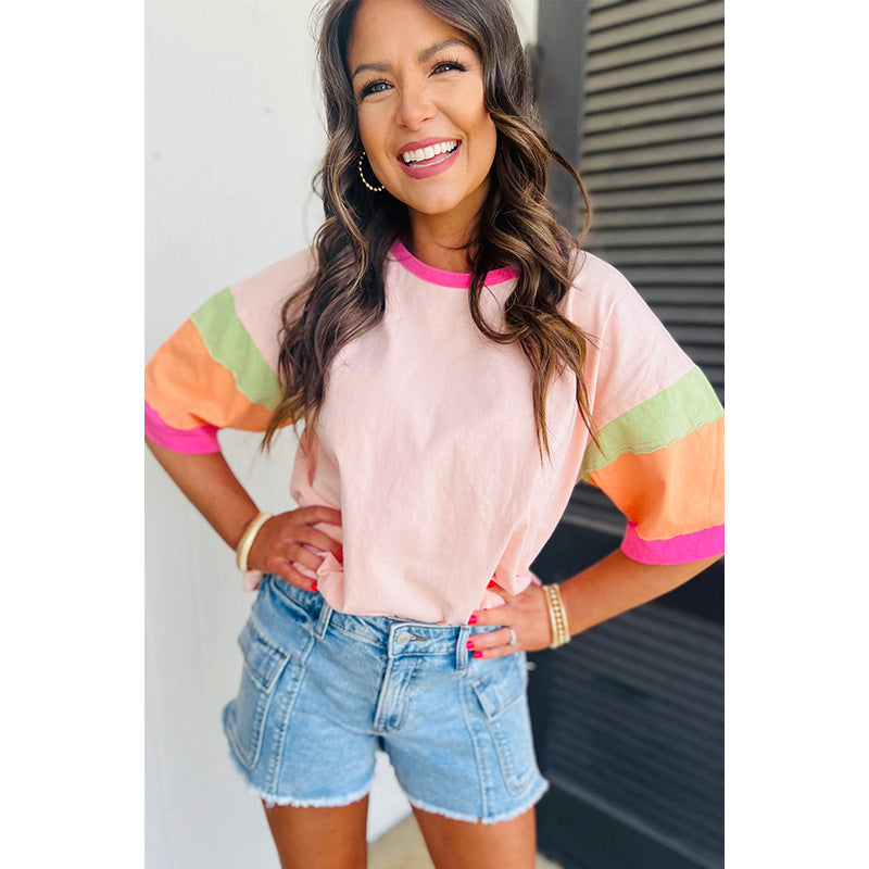 Damen-Freizeit-T-Shirt mit bunten Ärmeln, Größe