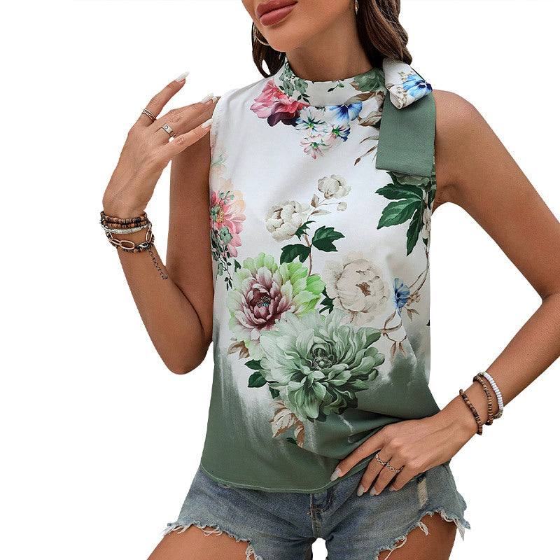 Women's sleeveless top with floral silk fabric and elegant stand-up collar, size S