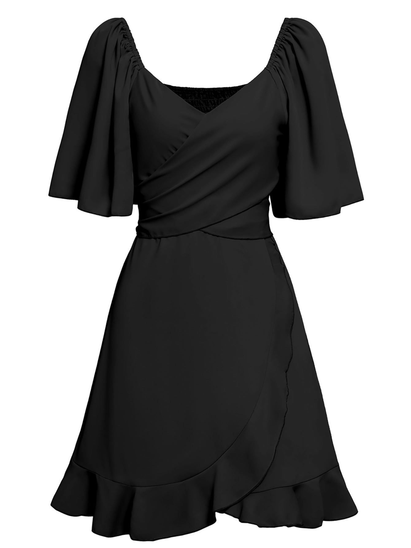Valenzora | Casual Cross V-Neck Short Sleeve Wrap Solid Color Mini Dress