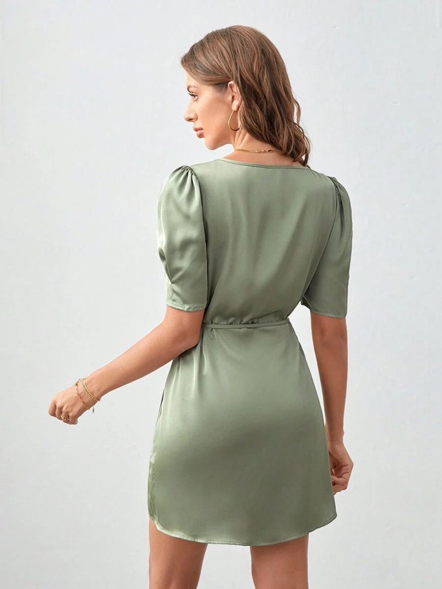 Valenzora | Satin Mini Dress Wrap Style Puff Sleeves V-neck Elegant Fit