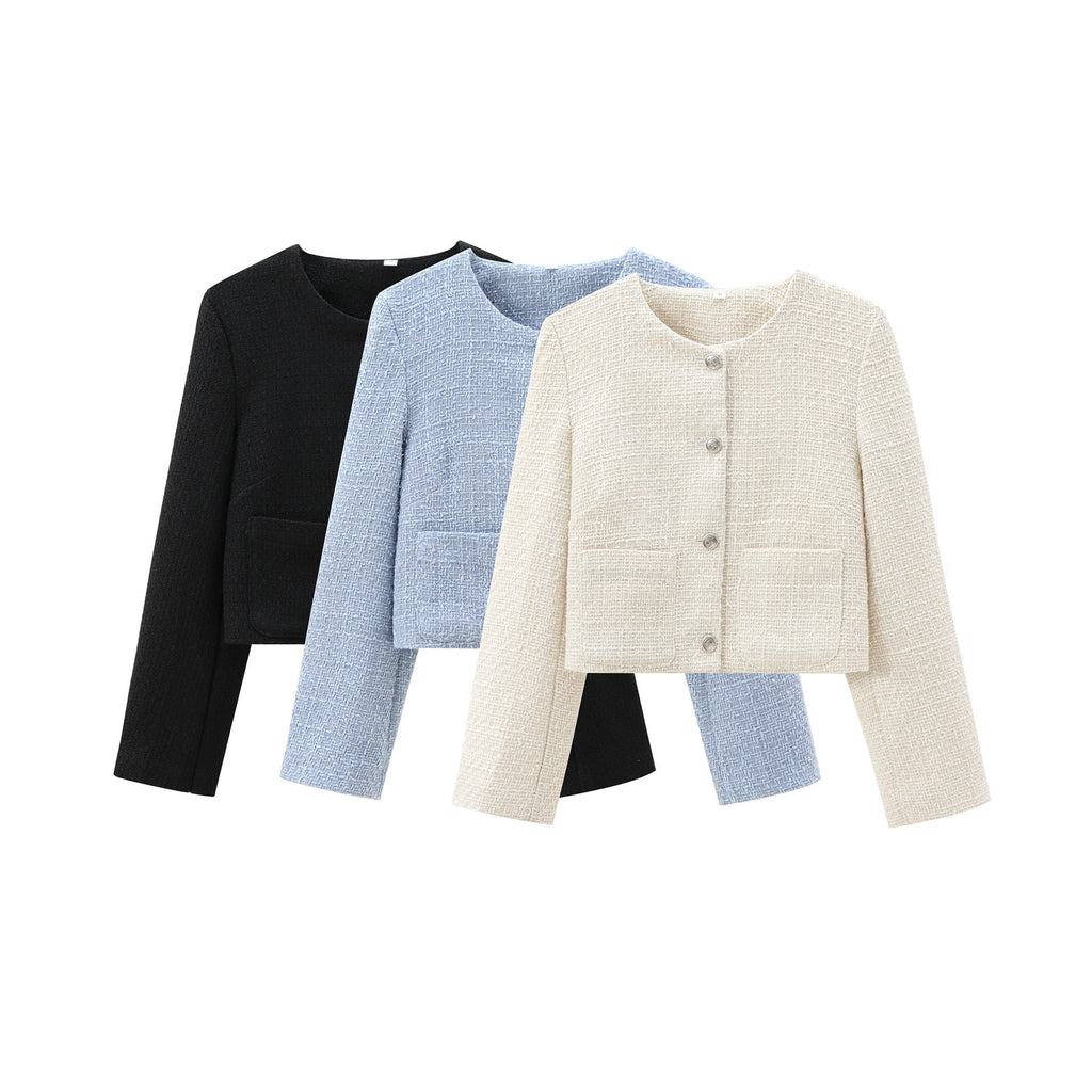 Women's short designer jacket with textured fabric, size S