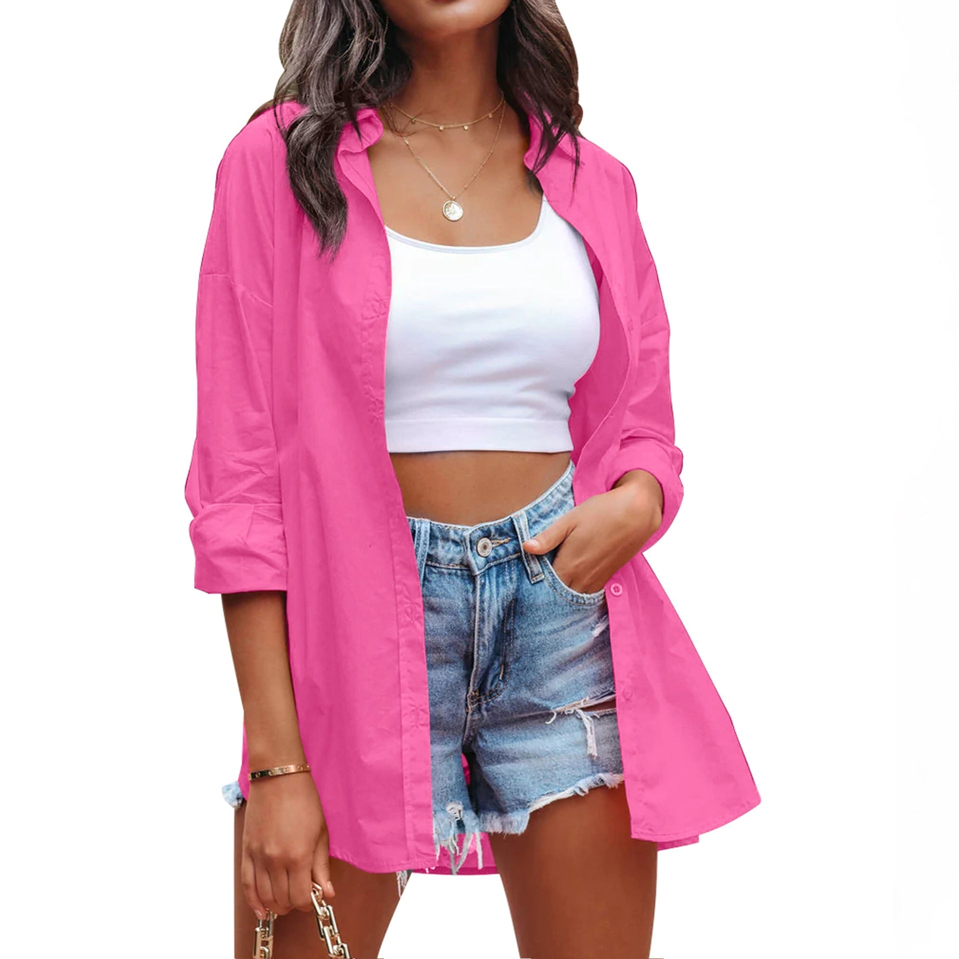 Women's casual linen blouse with long sleeves and button placket, size S