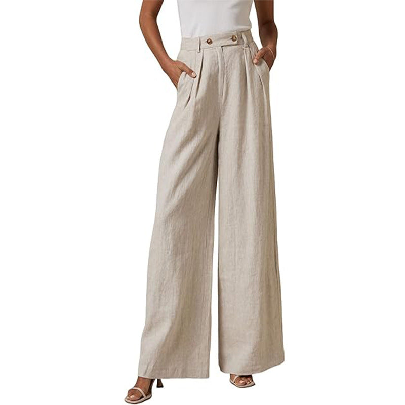 Elegante Damen-Leinenhose mit weitem Bein, hohem Bund und Bundfalten, Größe