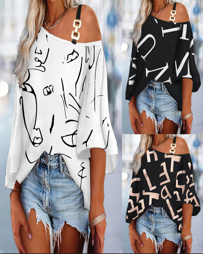 Women's asymmetrical top with a modern mix of patterns and trendy shoulder design, size