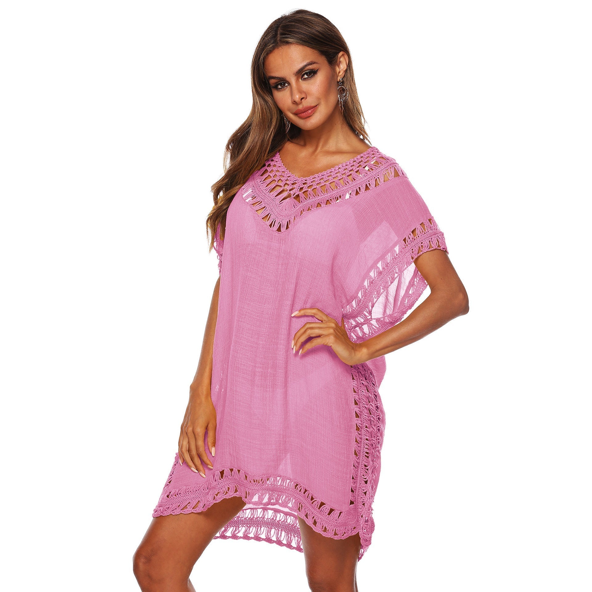 Women's beach tunic with artistic crochet embellishments, size Valenzora