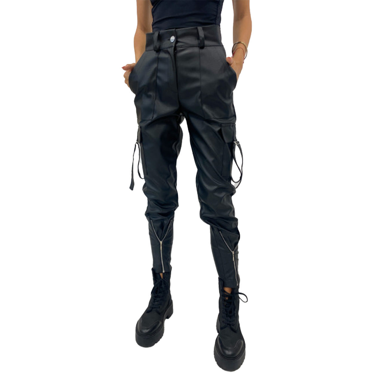 Women's waterproof faux leather cargo pants with zippers and adjustable cuffs, size